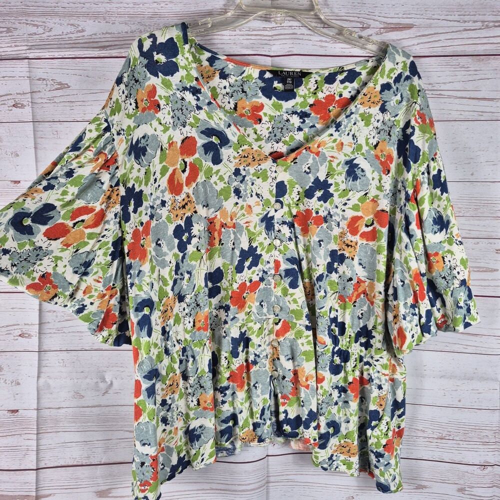 LRL Linen Blend Top Womens Sz 2X Blue Orange Floral Peplum Babydoll Boho Blouse